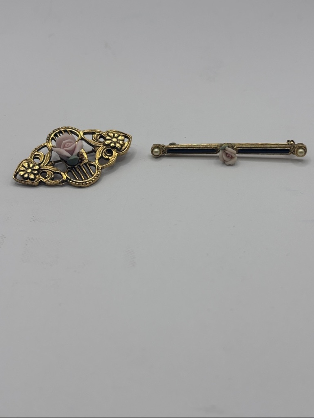 Gold-Tone Pink Rose Porcelain Accent Brooch and Pin Set